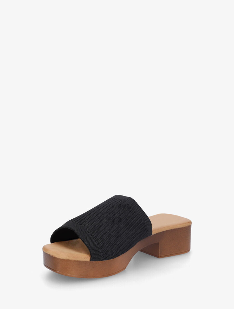 Mules à ganse en maille et talon effet bois - Noir - 3