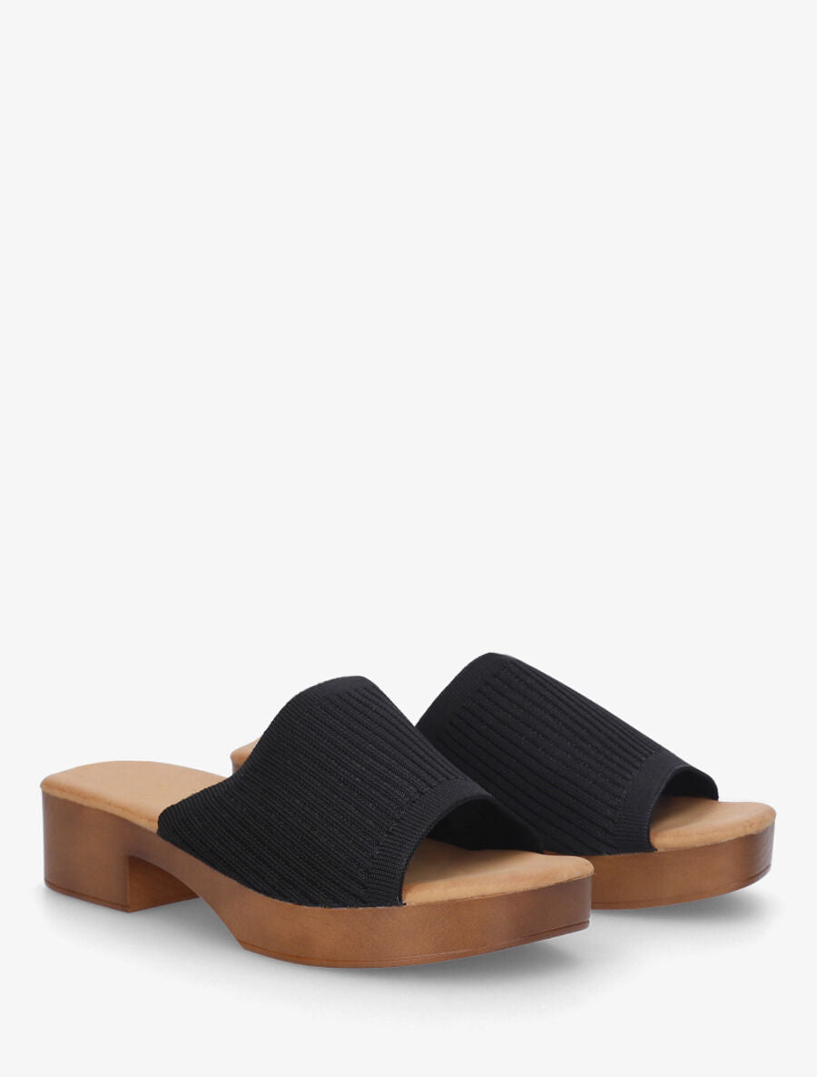 Mules à ganse en maille et talon effet bois - Noir - 4