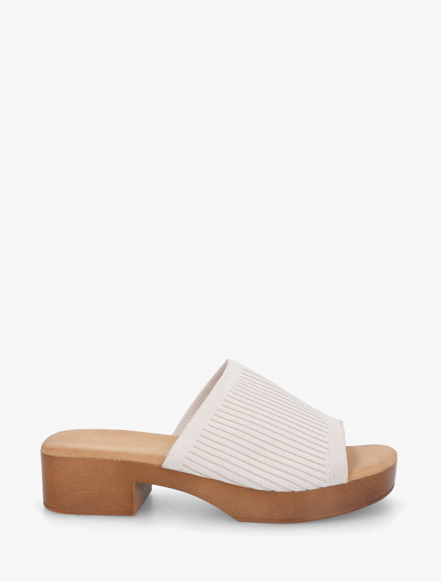 Mules à ganse en maille et talon effet bois - Beige - 5