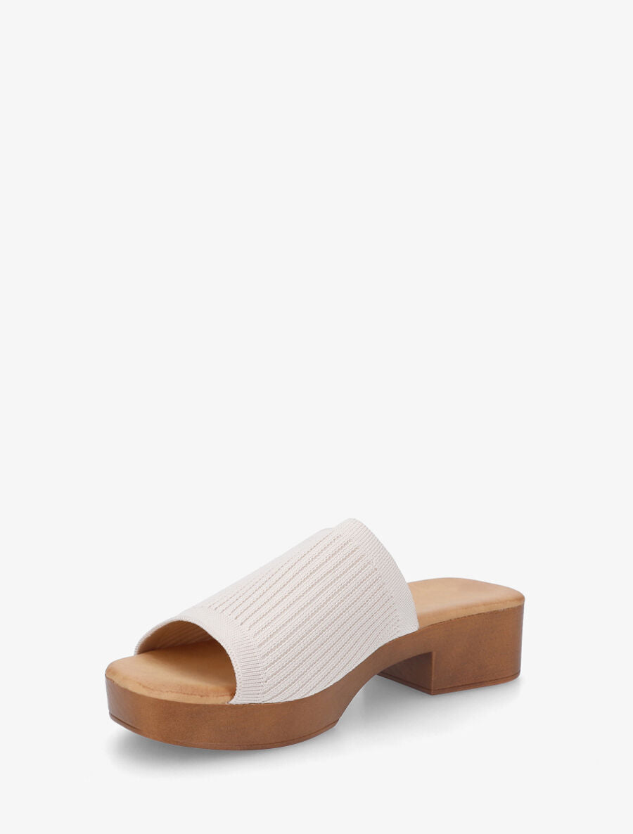 Mules à ganse en maille et talon effet bois - Beige - 3