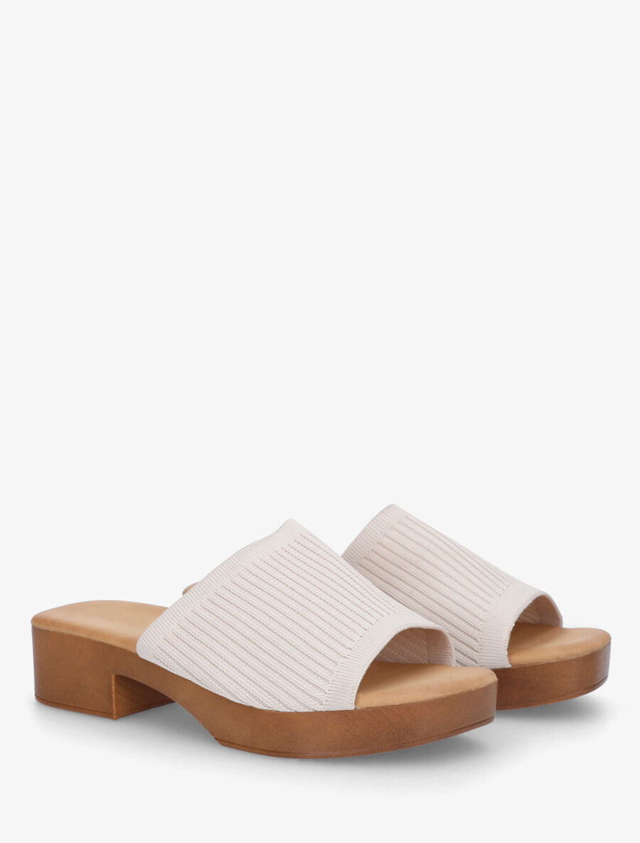 Mules à ganse en maille et talon effet bois - Beige - 4