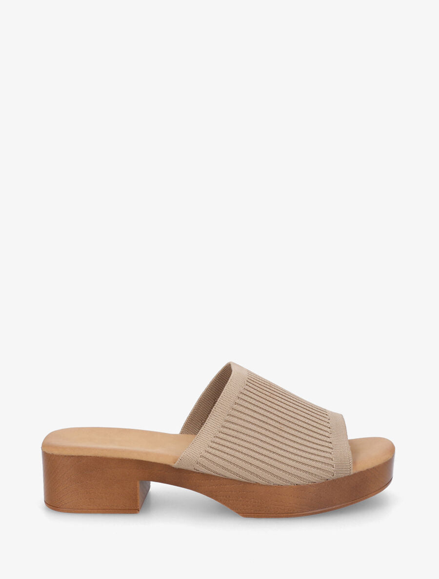 Mules à ganse en maille et talon effet bois - Taupe - 5