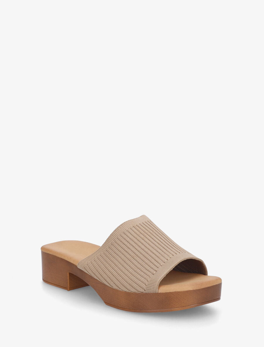 Mules à ganse en maille et talon effet bois - Taupe - 2
