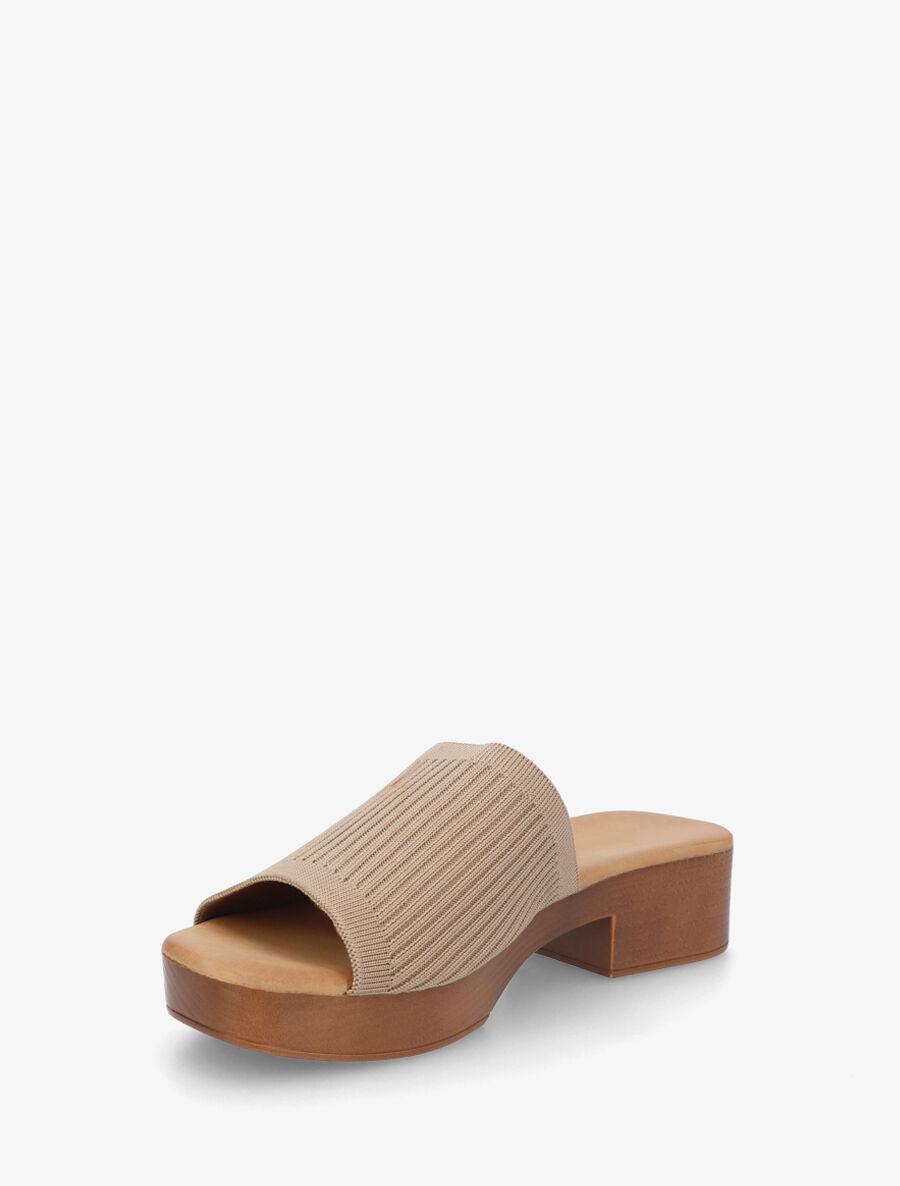 Mules à ganse en maille et talon effet bois - Taupe - 3