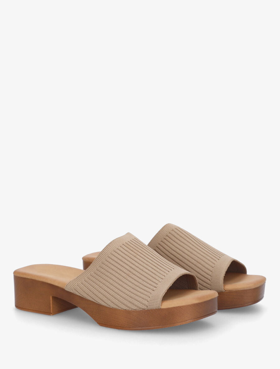 Mules à ganse en maille et talon effet bois - Taupe - 4