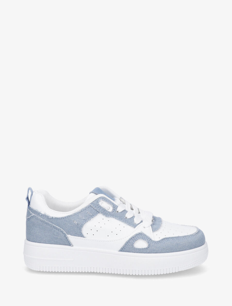 Baskets bicolore en simili et tissu - Bleu denim - 5