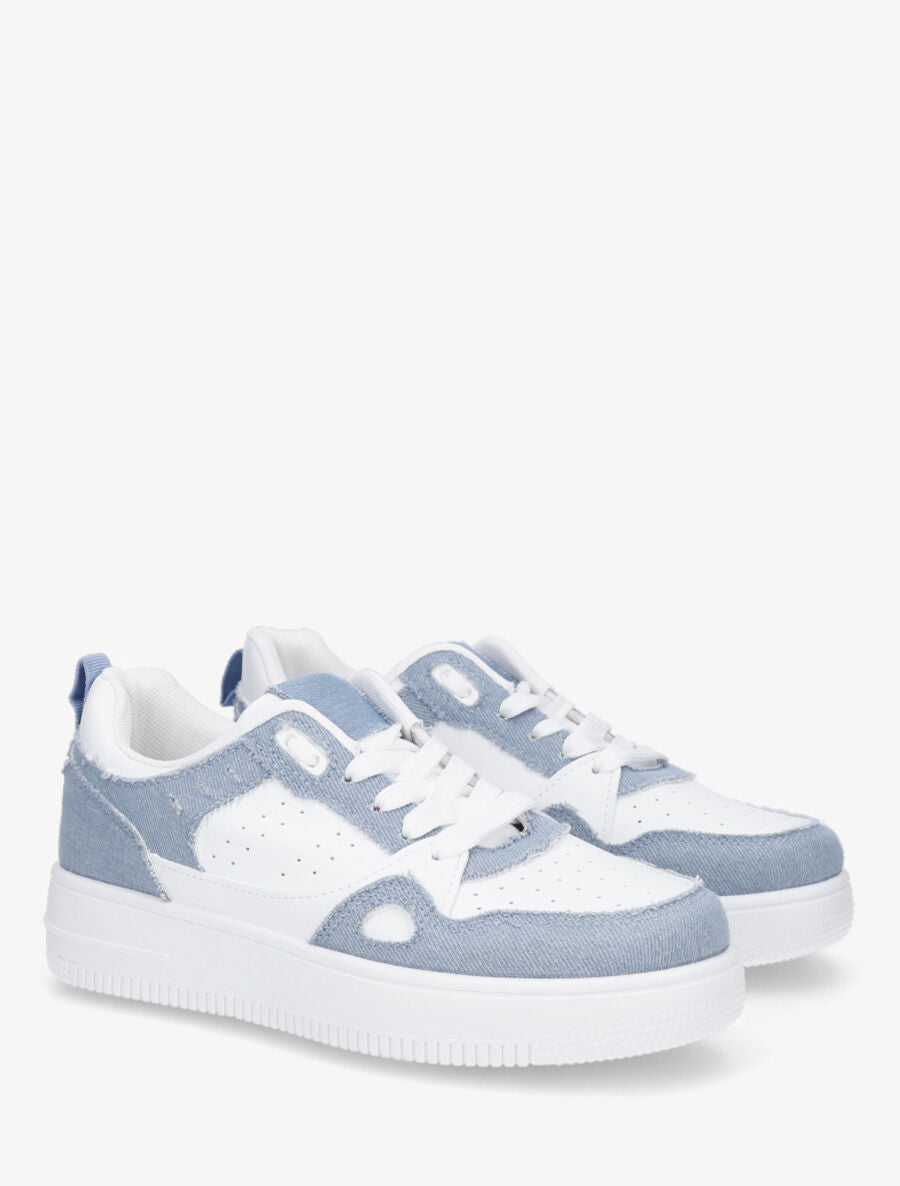 Baskets bicolore en simili et tissu - Bleu denim - 4