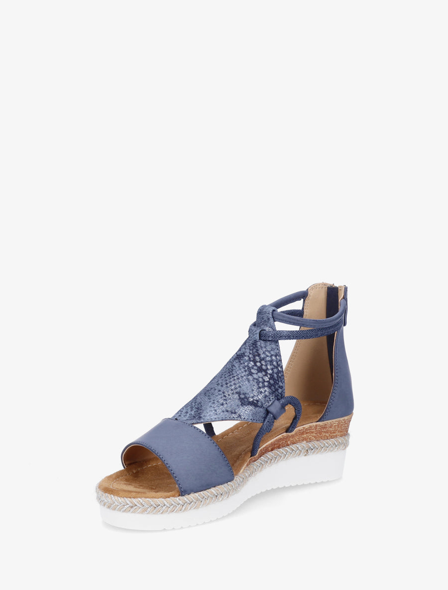 Keilsandalen mit Riemen im schimmernden Python-Druck. - Marine