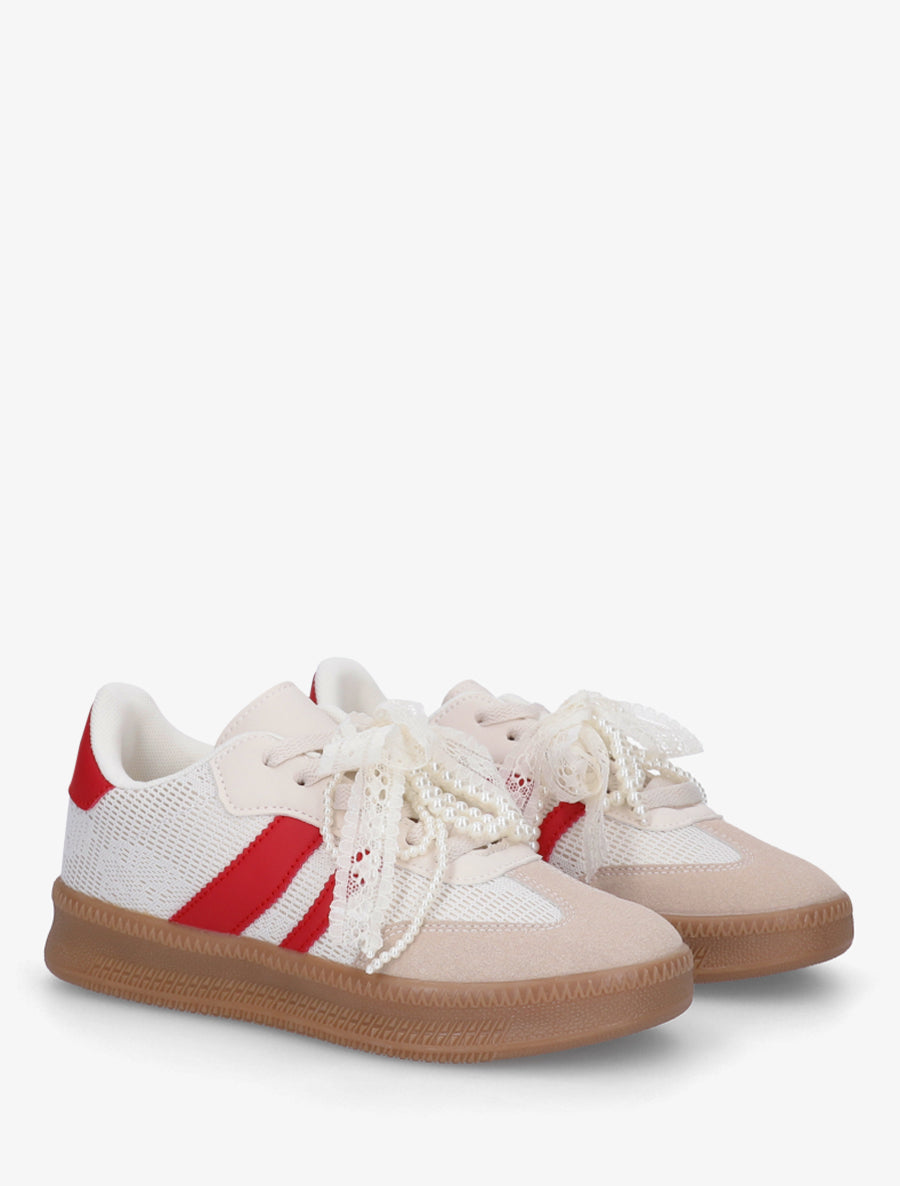 Sneakers à empiècement dentelle et lacets stylisés - Rouge - 4