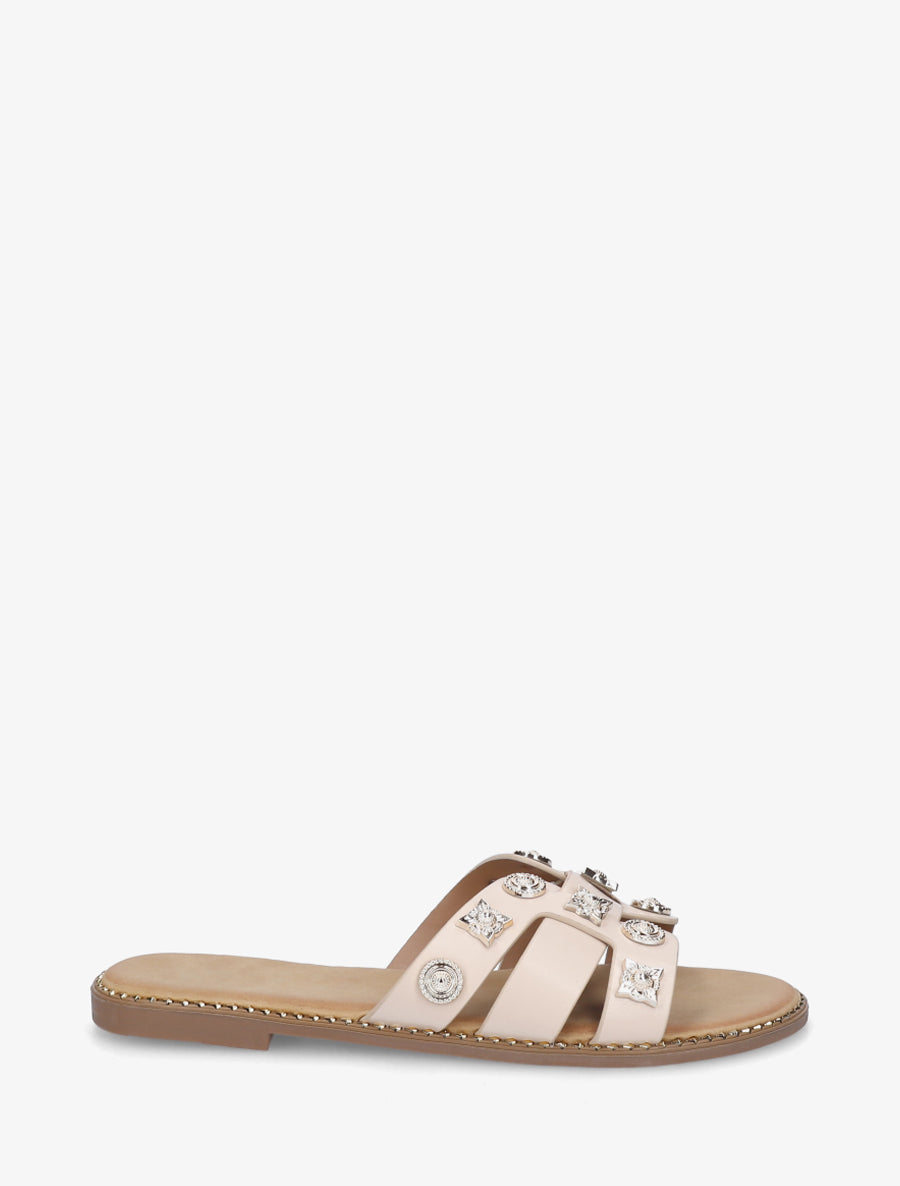 Mules plates en simili à clous fantaisies - Beige - 1