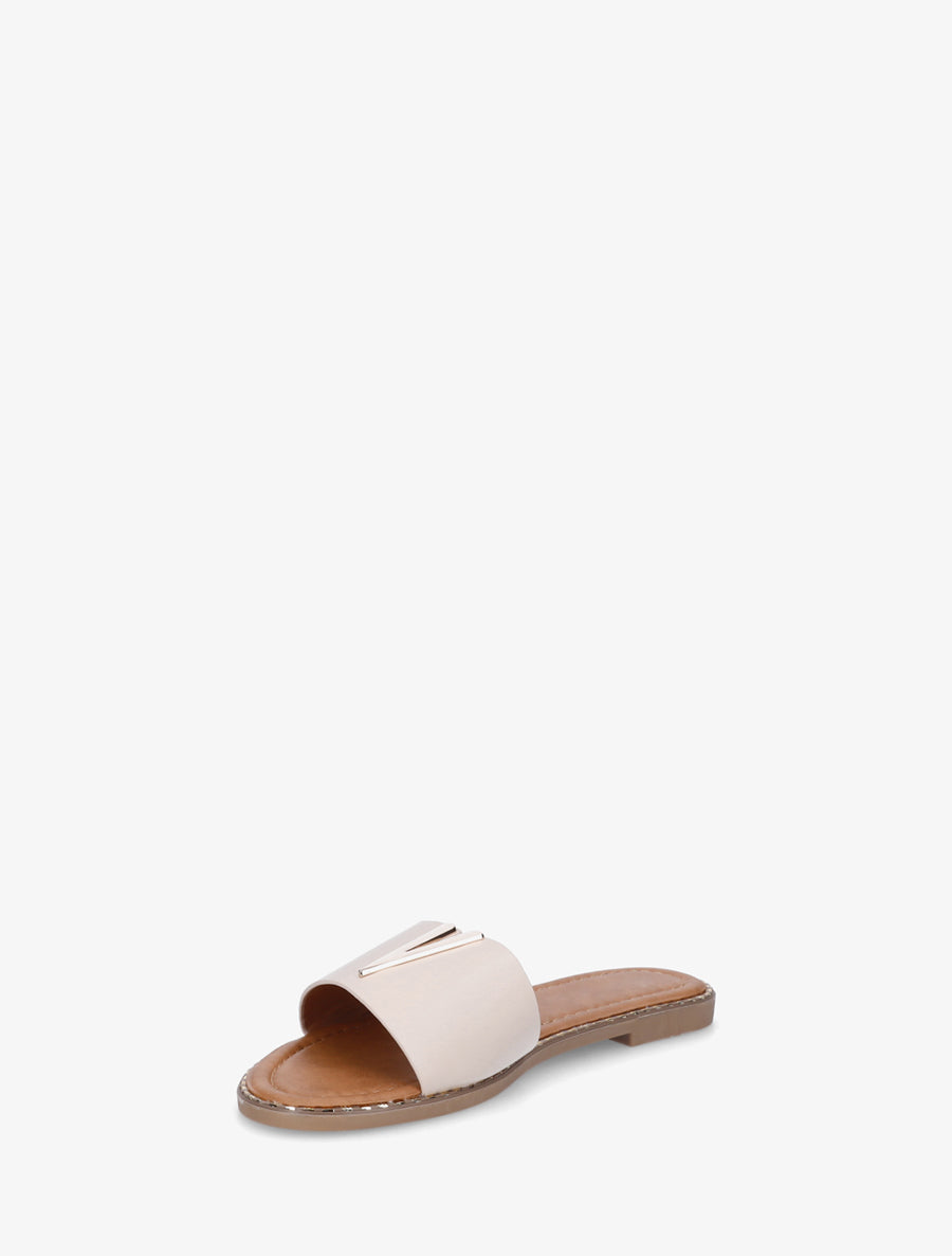 Claquettes en simili à empiècement bijou V - Beige - 3