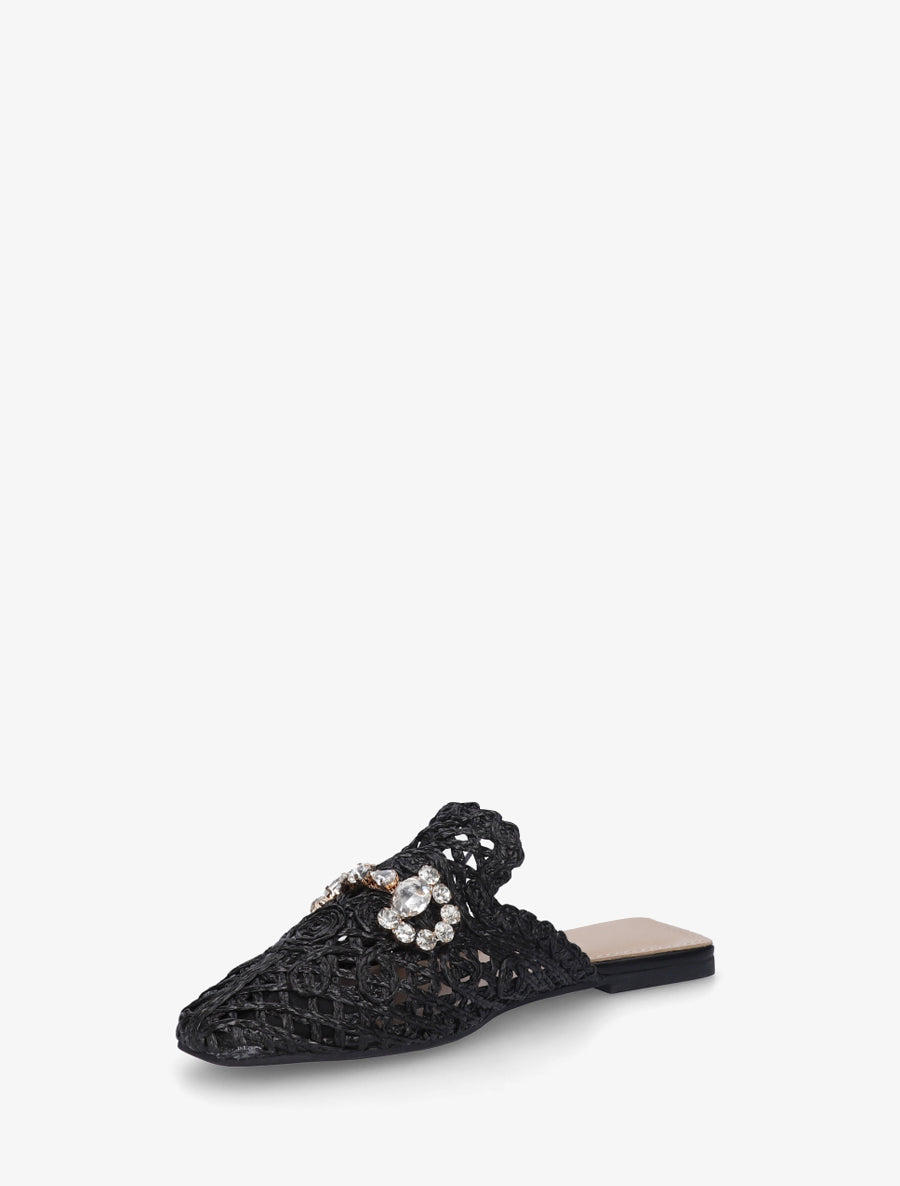 Mules en raphia à bijoux strassés - Noir - 3