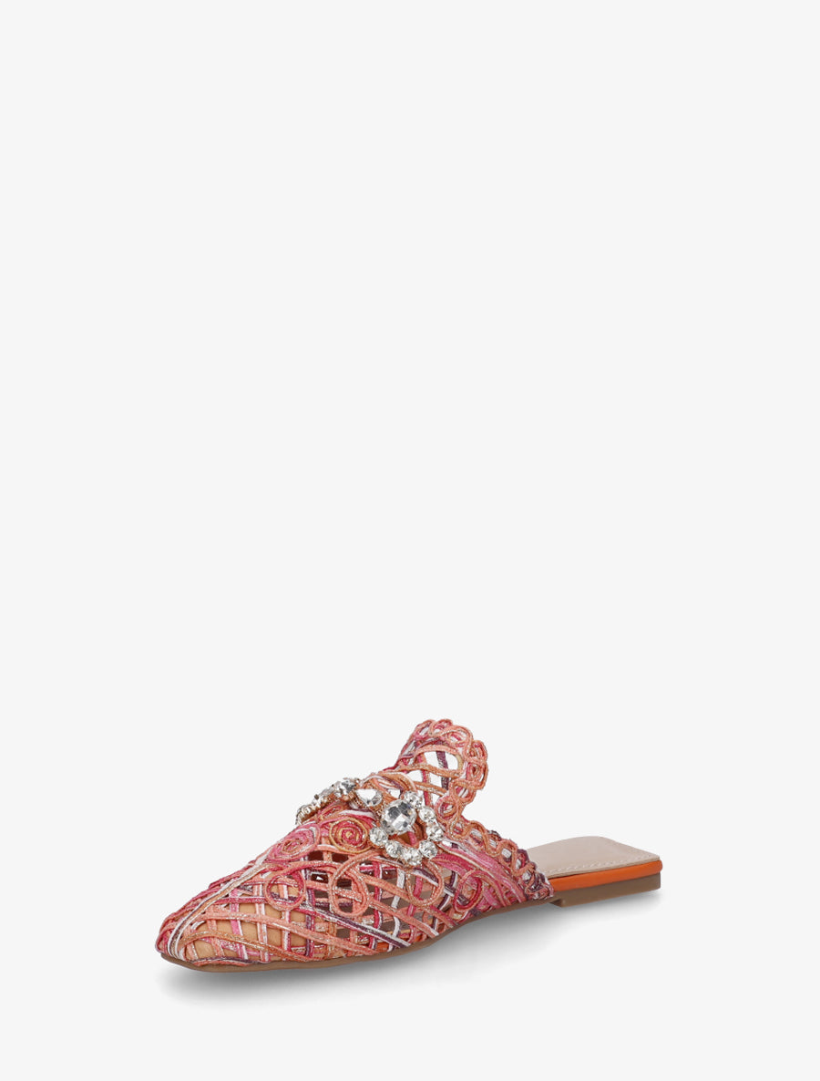 Mules en raphia à bijoux strassés - Orange - 3