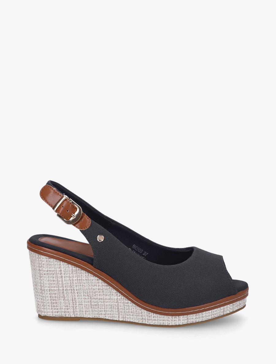 Sandales compensées peep toe en tissu - Noir - 1