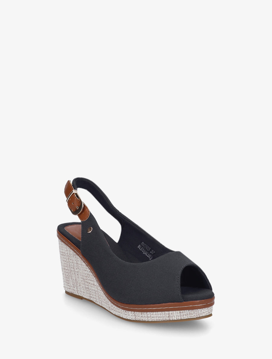 Sandales compensées peep toe en tissu - Noir - 2