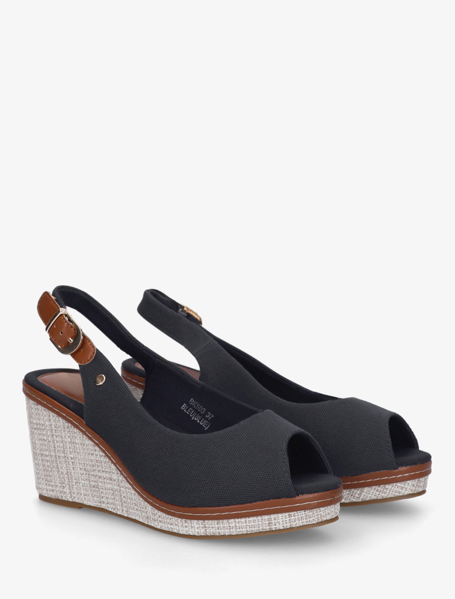 Sandales compensées peep toe en tissu - Noir - 4