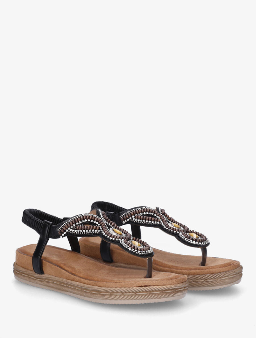 Nu-pieds à entredoigt et empiècement strass et perles - Noir - 4