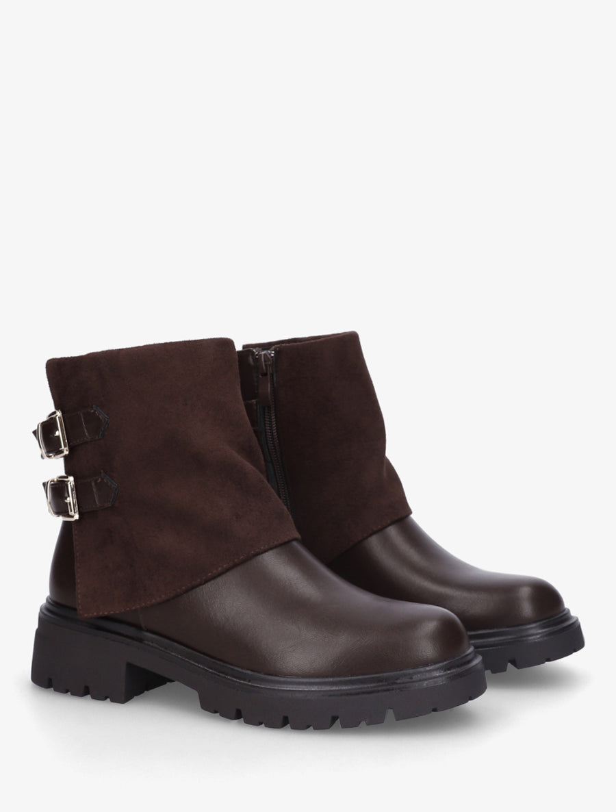 Boots bi-matière à revers et boucles - Marron - 4