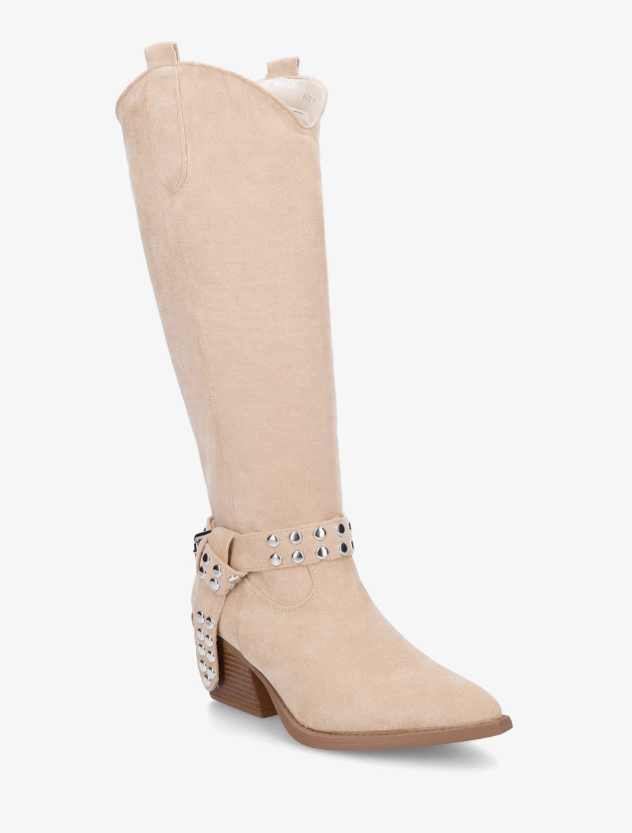 Bottes style santiag à sangle cloutée - Beige - 2