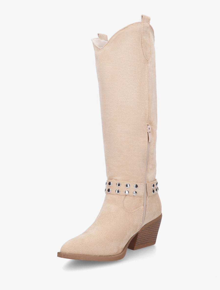 Bottes style santiag à sangle cloutée - Beige - 3