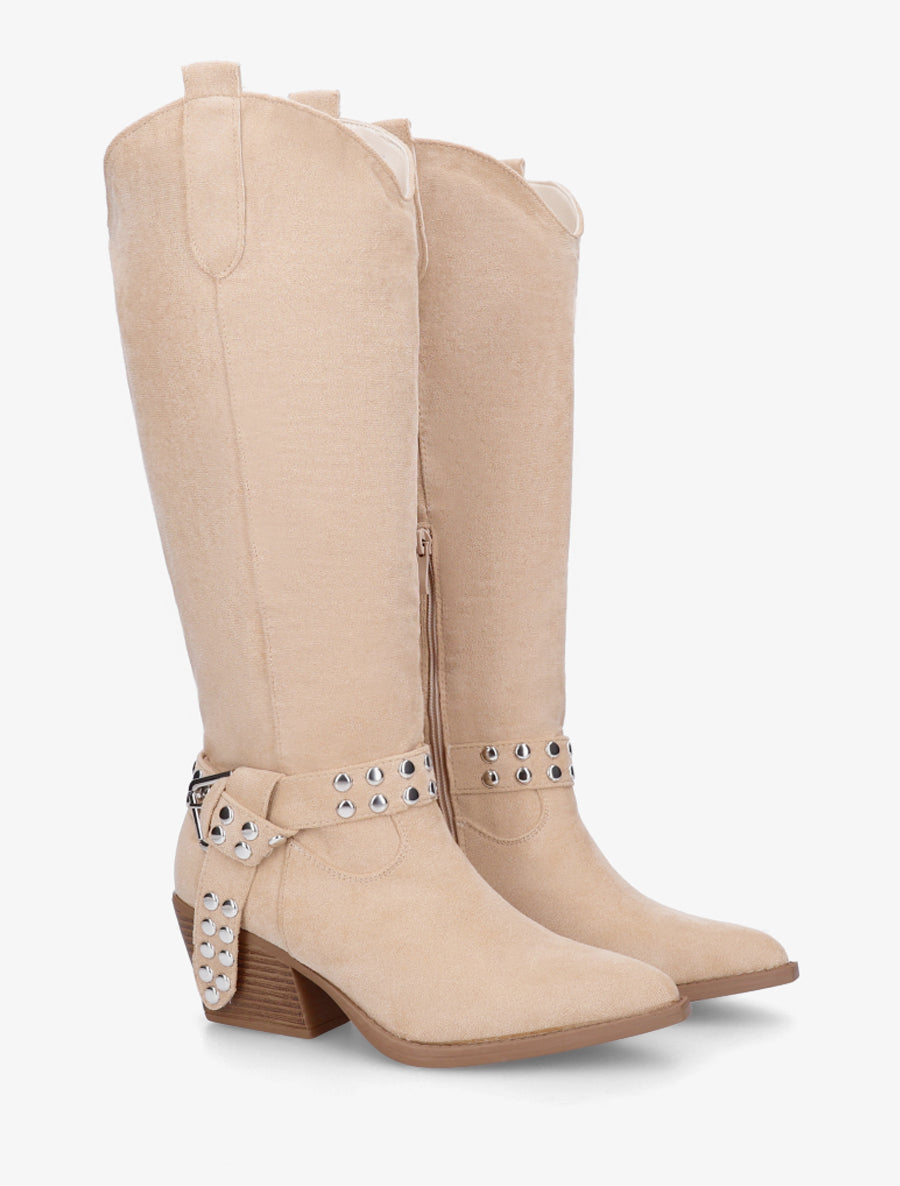 Bottes style santiag à sangle cloutée - Beige - 4