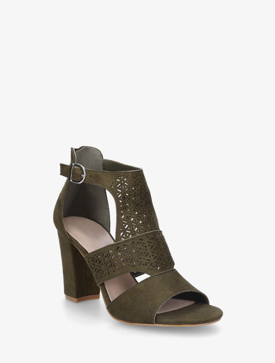 Sandales à talon et bride ajourée en suédine - Kaki - 3