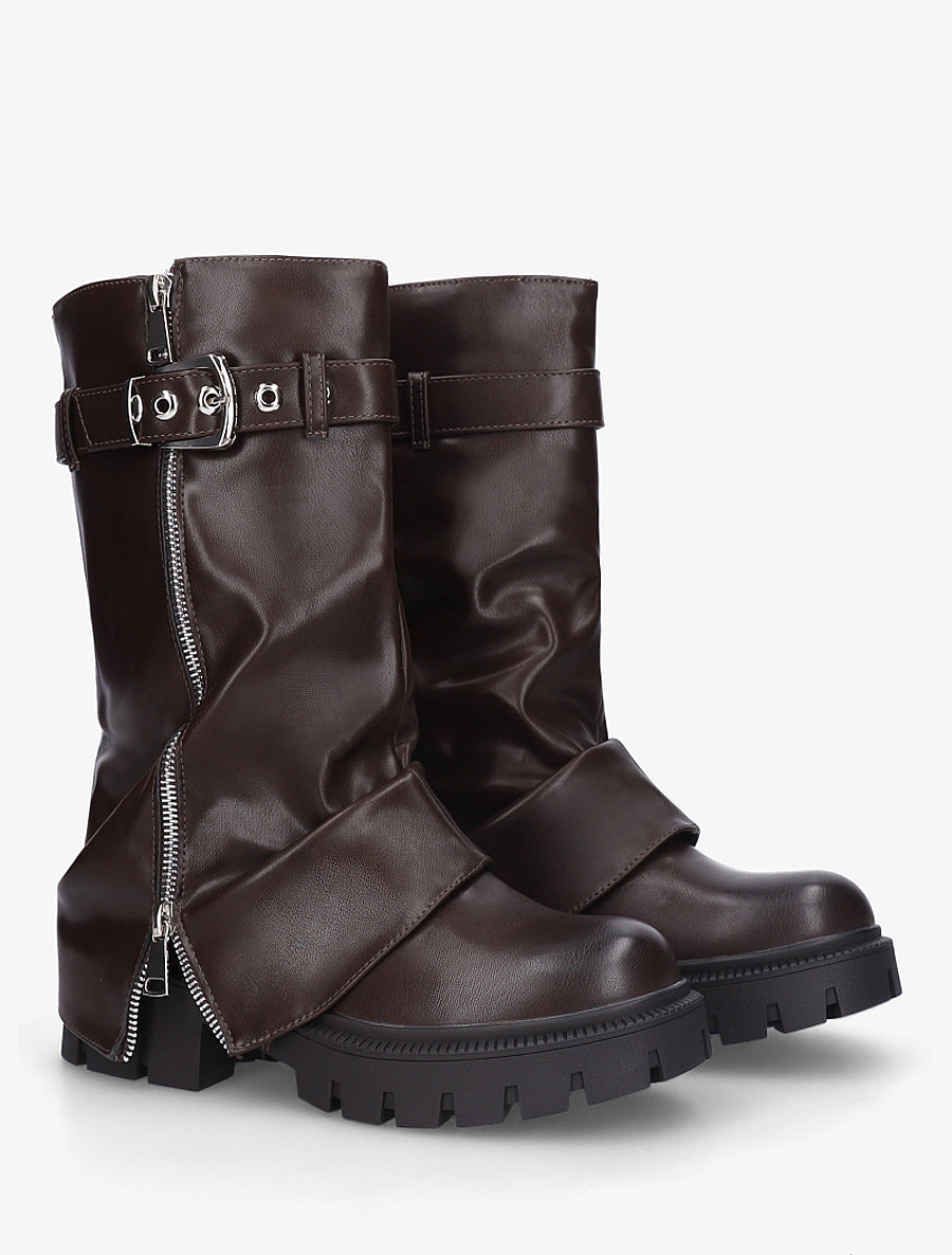 Bottines à revers et zip décoratif en simili - Marron - 4