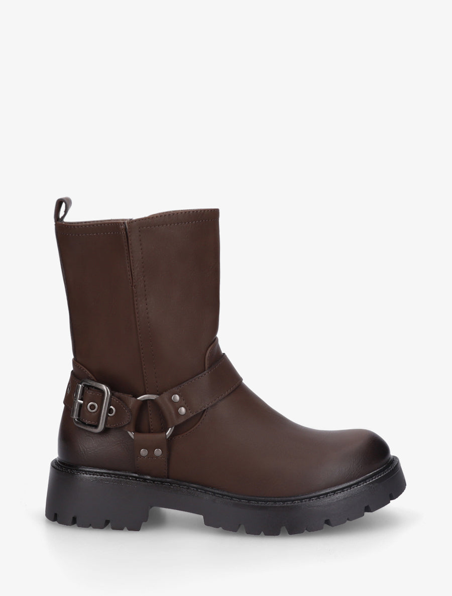 Bottines en simili à bout rond et sangle - Marron - 1