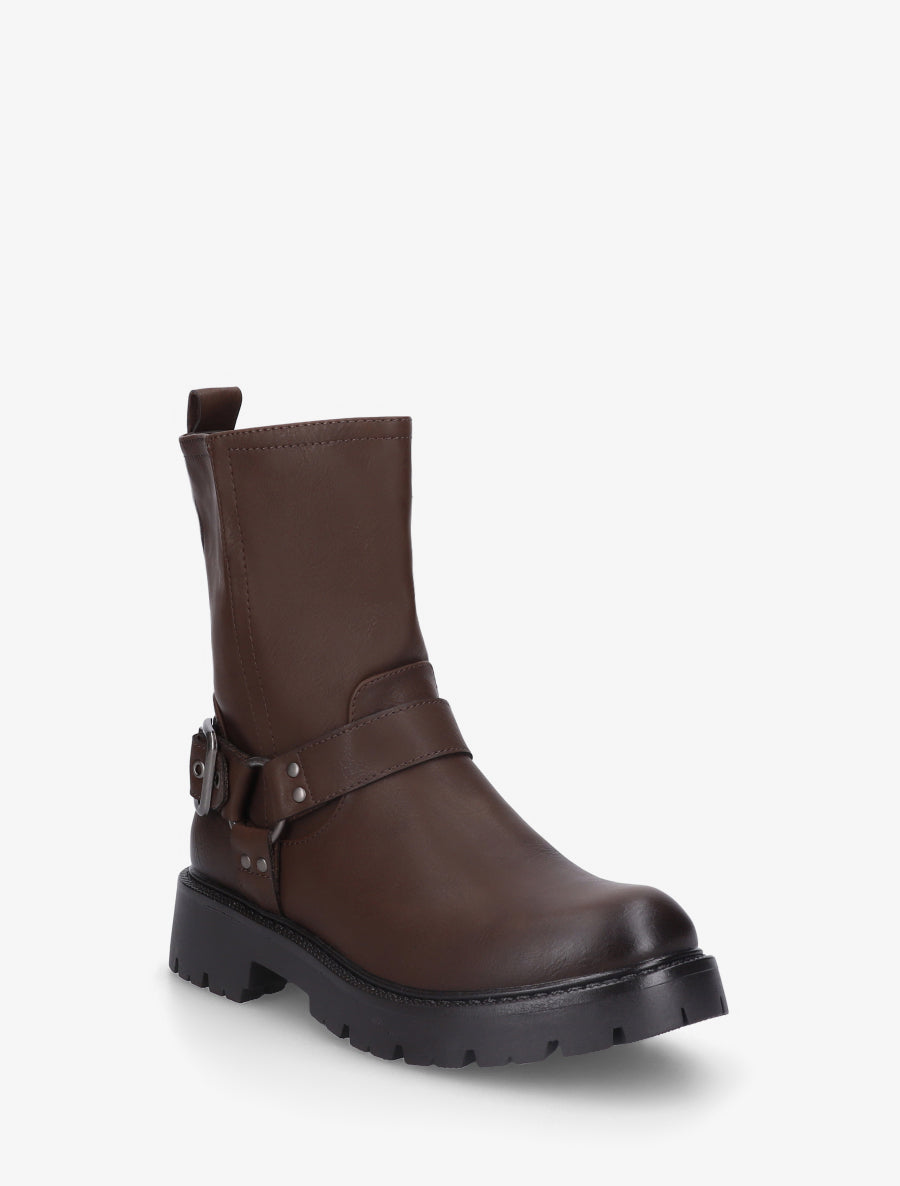 Bottines en simili à bout rond et sangle - Marron - 2