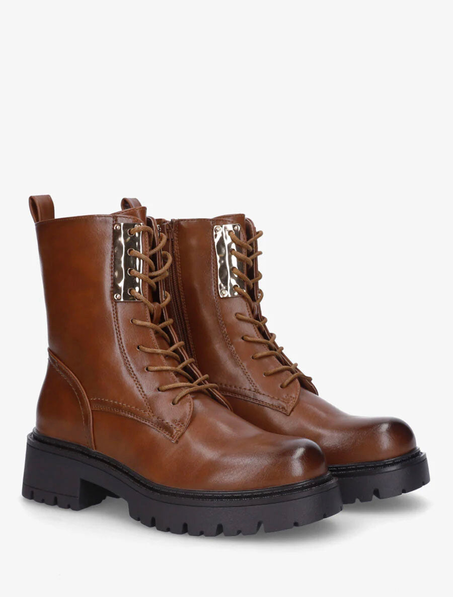 Bottines montantes à lacets et emiècement métal - Camel - 4