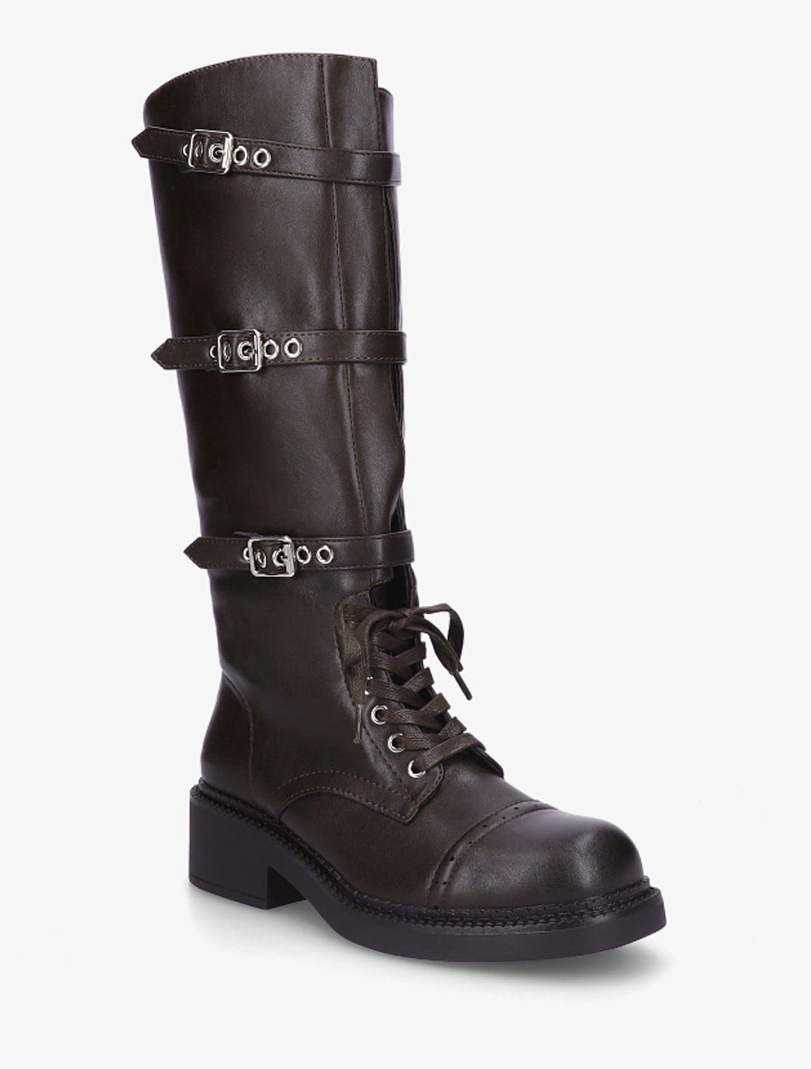 Bottes à lacets et triple sangles en simili - Marron - 2