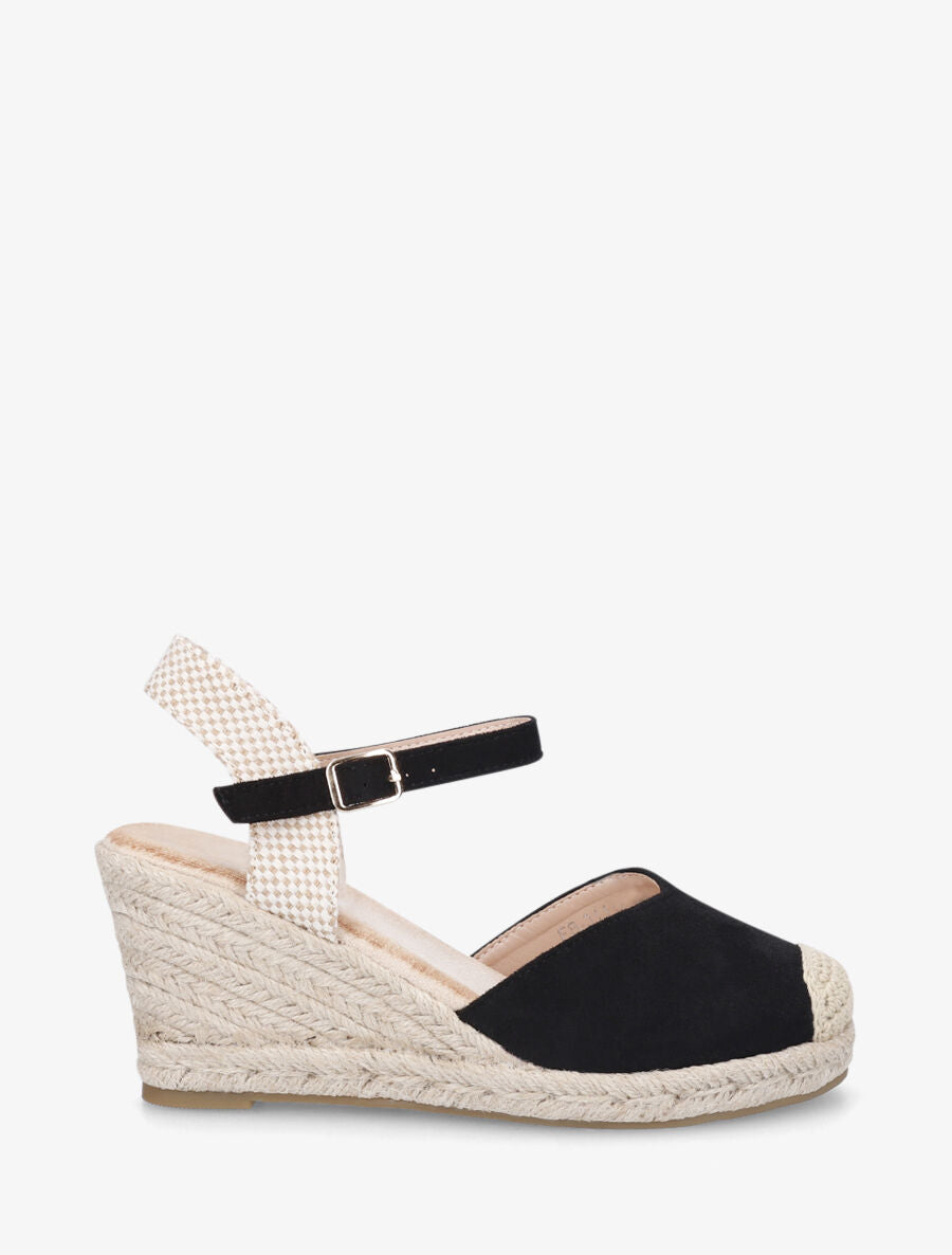 Sandales compensées à bout rond en raphia - Noir - 5