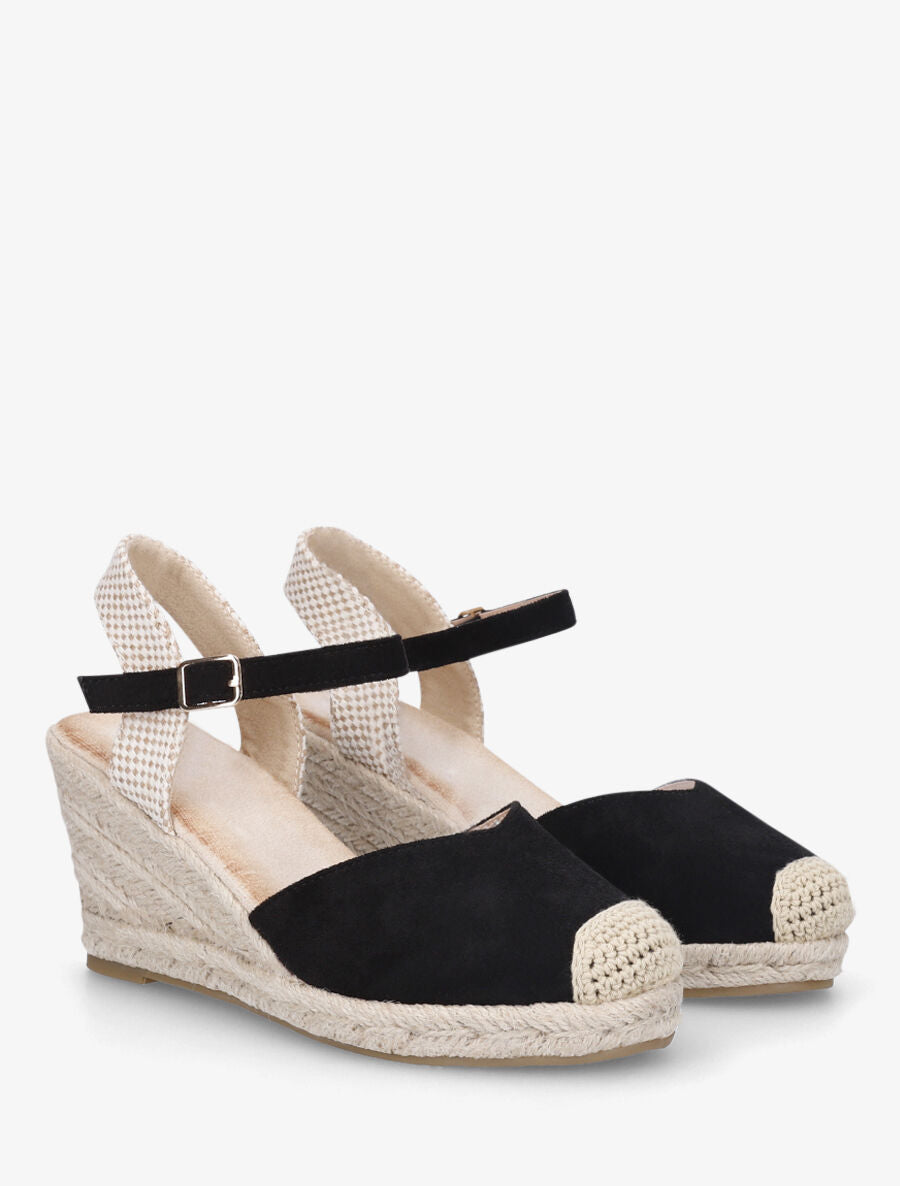 Sandales compensées à bout rond en raphia - Noir - 4