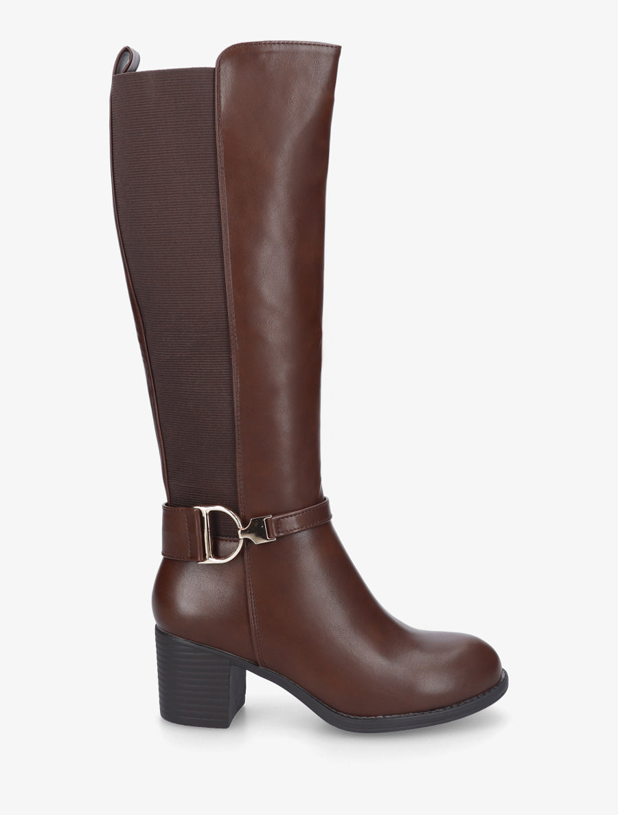 Bottes élastiquées à talon en simili - Marron - 1