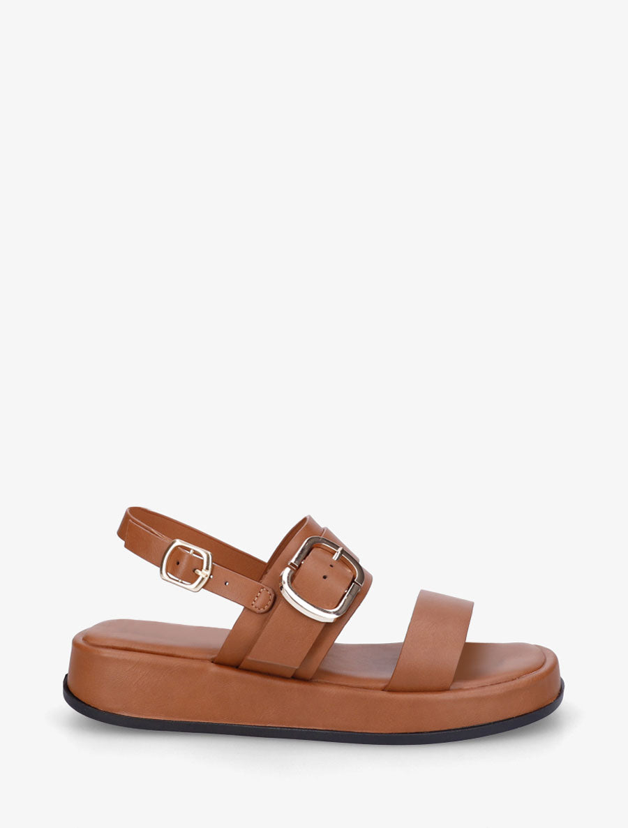 Nu-pieds uni en simili à double boucles - Camel - 1