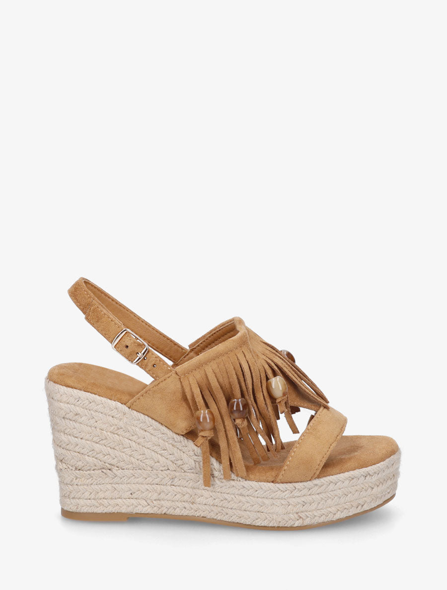 Sandales compensées à franges en suédine - Camel - 1