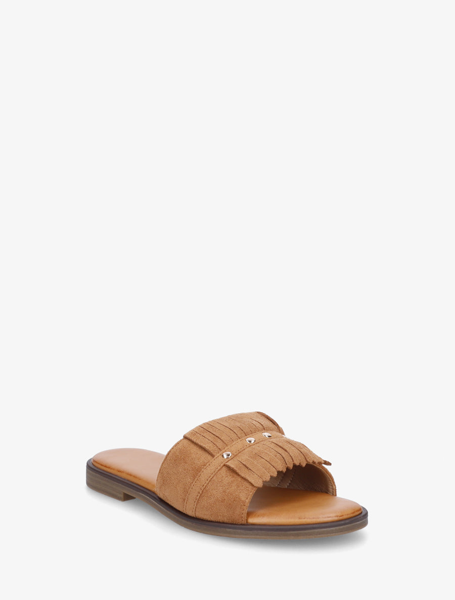 Claquettes en suédine à franges - Camel - 2