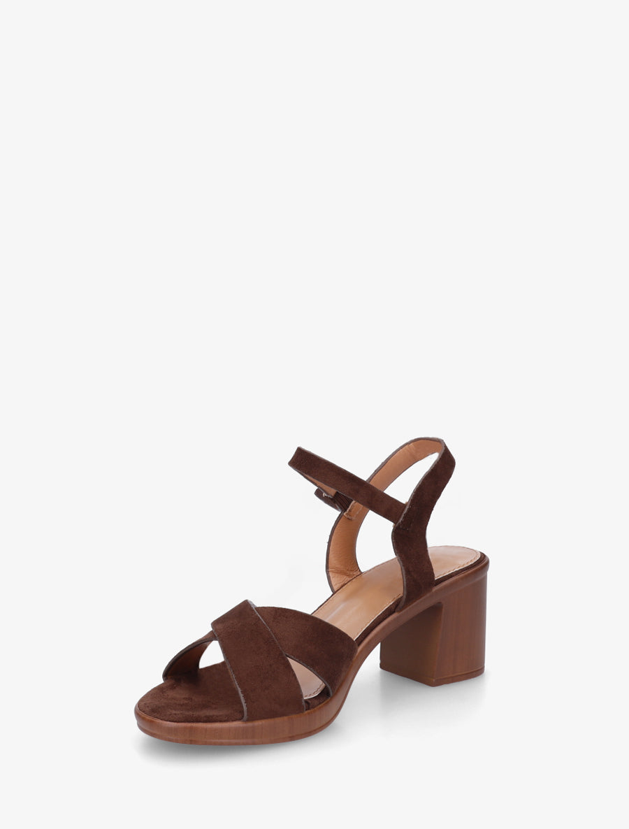 Sandales croisées en suédine à talon carré - Marron - 3