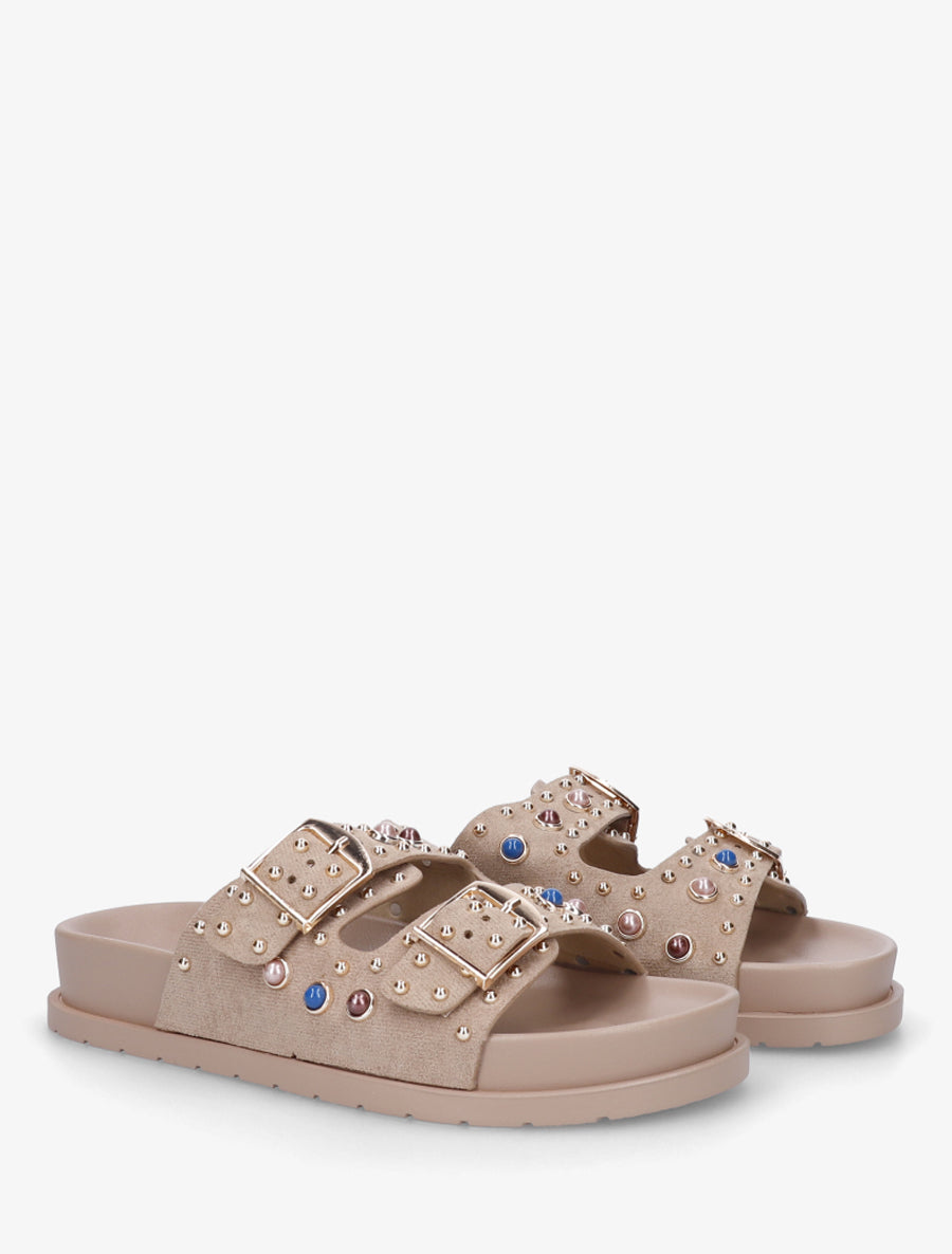 Claquettes en suédine à perles et clous - Taupe - 4