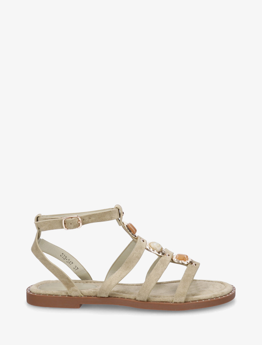 Sandales en suédine à empiècement trois pierres - Kaki clair - 1