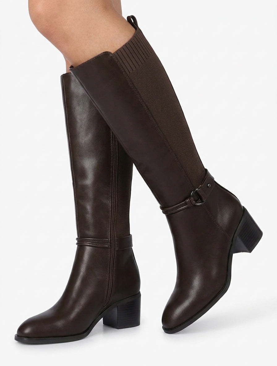 Stiefel aus Kunstleder und Stoff mit runder Schnalle - Braun