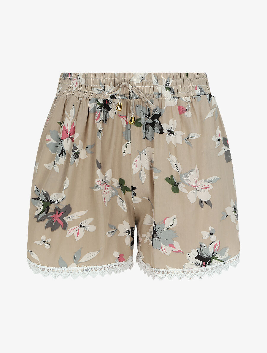 Short imprimé été fleuri à bords en crochet - Beige - 4
