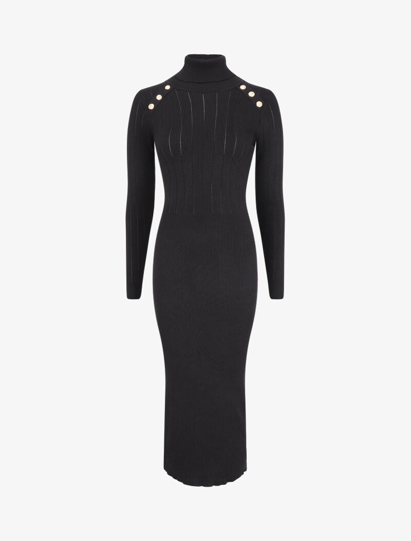 Robe pull à col roulé et épaules à détail boutons - Noir - 4