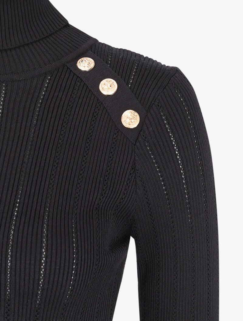Robe pull à col roulé et épaules à détail boutons - Noir - 3