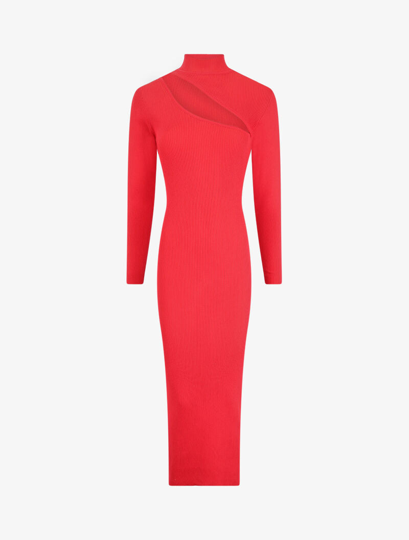 Robe pull côtelée et moulante à décolleté asymétrique - Rouge - 4
