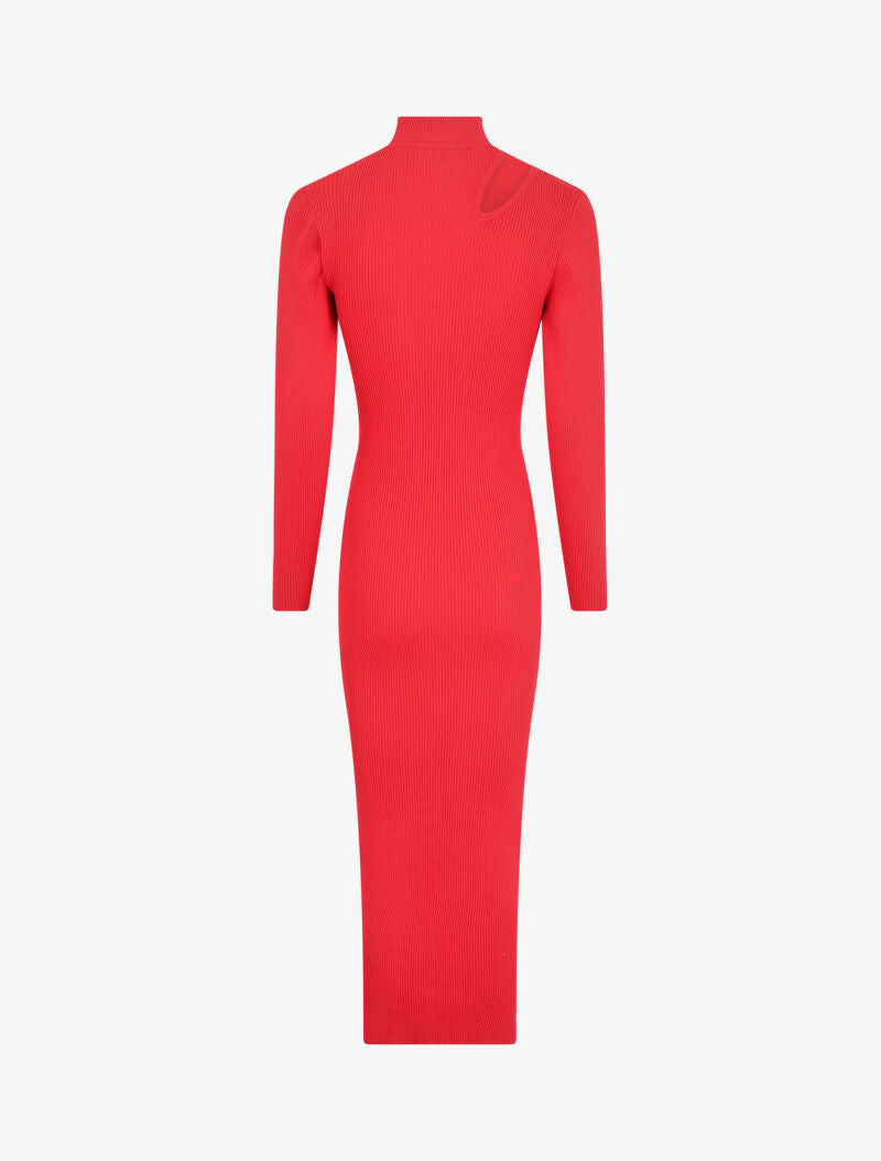 Robe pull côtelée et moulante à décolleté asymétrique - Rouge - 2