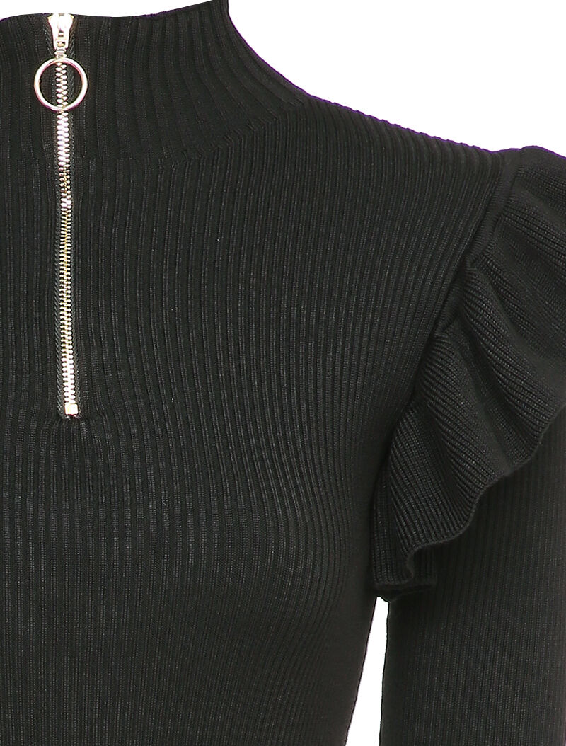 Robe pull à col zippé et épaules volantées - Noir - 3
