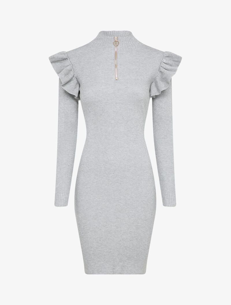 Robe pull à col zippé et épaules volantées - Gris clair - 1