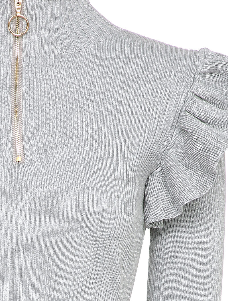 Robe pull à col zippé et épaules volantées - Gris clair - 3