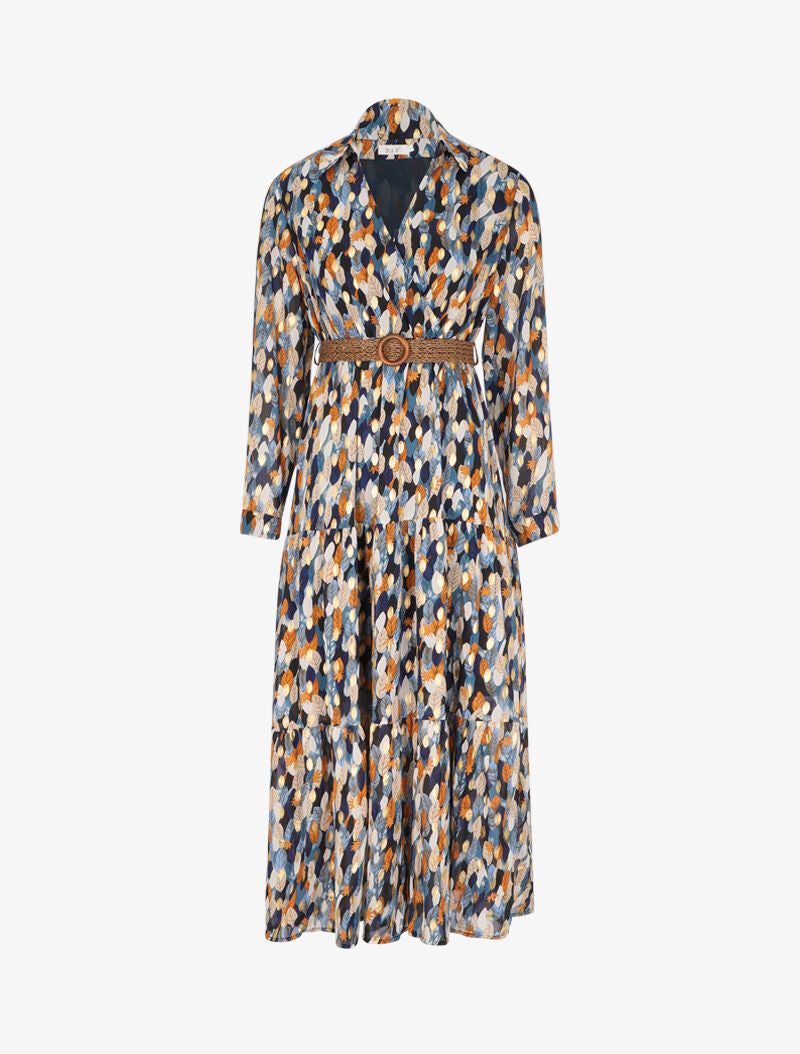 Robe longue à motif feuilles stylisées - Bleu marine - 1